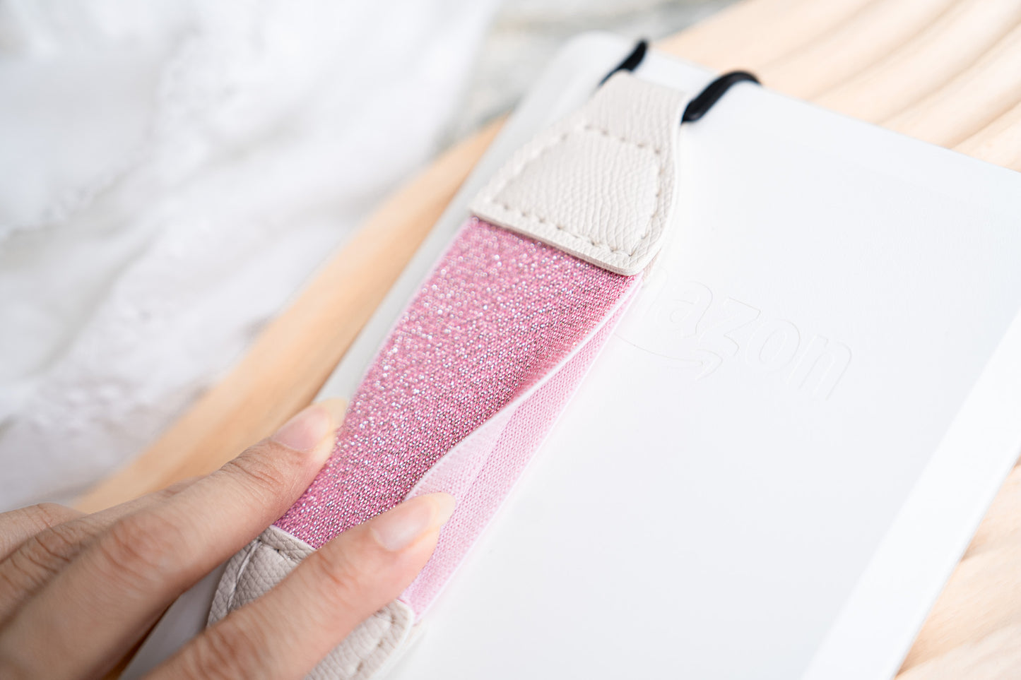 Secure Hand Strap for Kindle and Tablet - Double high-elasticity finger grip holder for 6-8 inch e-readers. Handmade custom strap with resilient nylon elastic, soft skin-friendly vegan leather, and non-slip silicone clips. Stitched by hand.