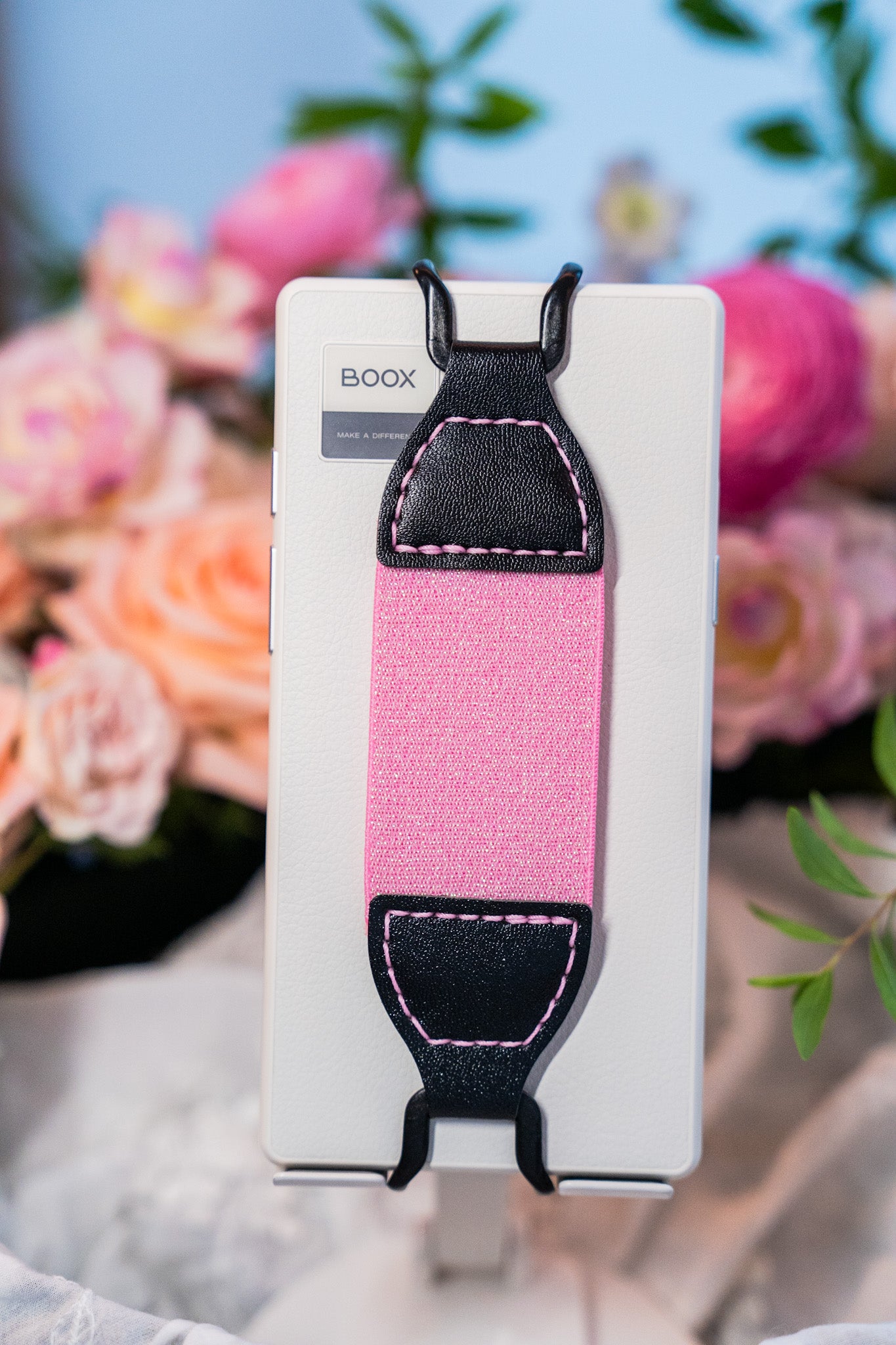  Kittentailor Original "Cool Girly Heart" Kindle grip strap. Featuring pink resilient nylon elastic and black skin-friendly vegan leather. Durable metal clips with non-slip silicone coating ensure no scratches. A chic Sweet & Edgy accessory.