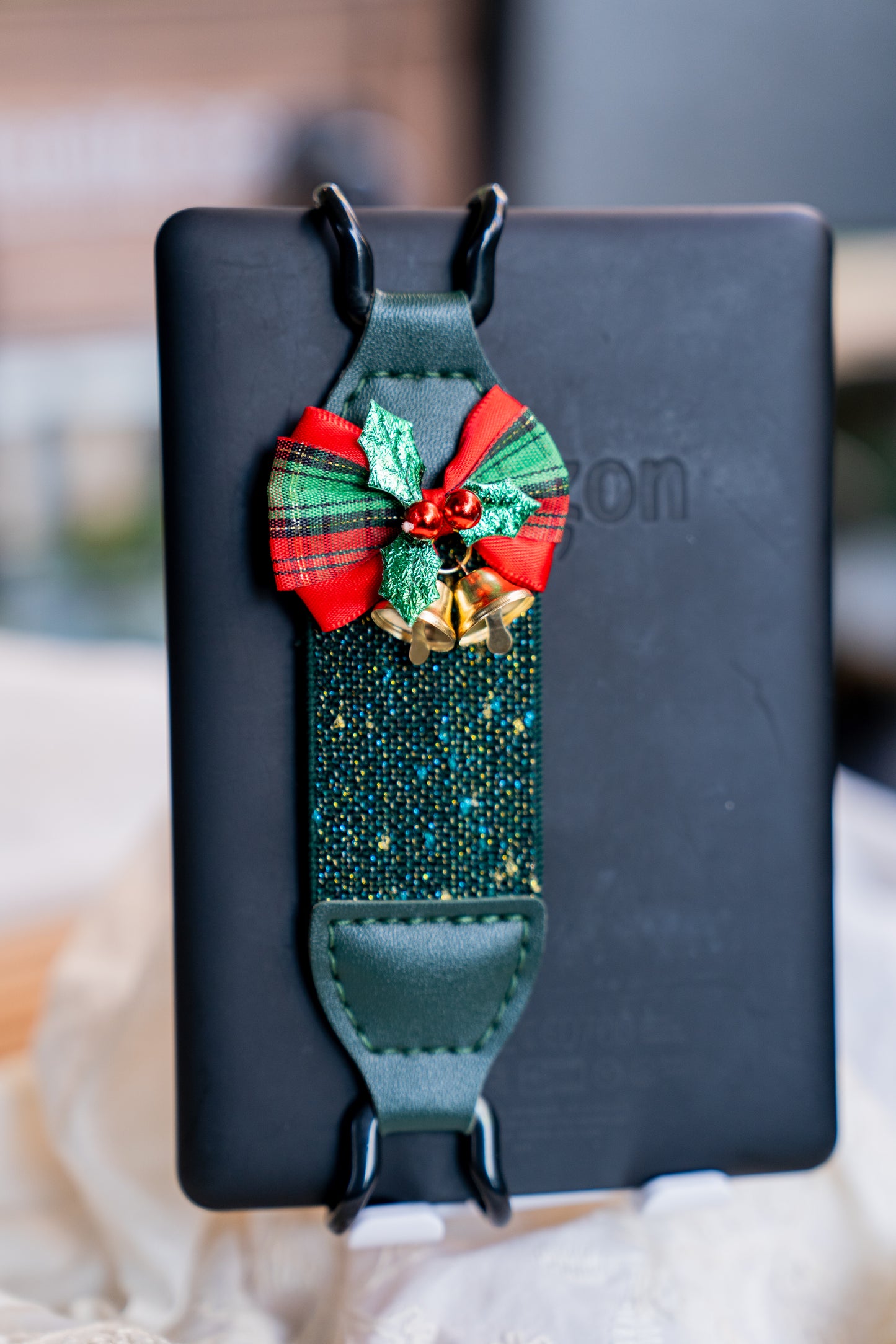 Kittentailor  Secure Hand Strap for Kindle and Tablet - Double high-elasticity finger grip holder for 6-8 inch e-readers. Handmade custom strap with long-lasting resilient nylon elastic, soft skin-friendly vegan leather, and non-slip metal clips.