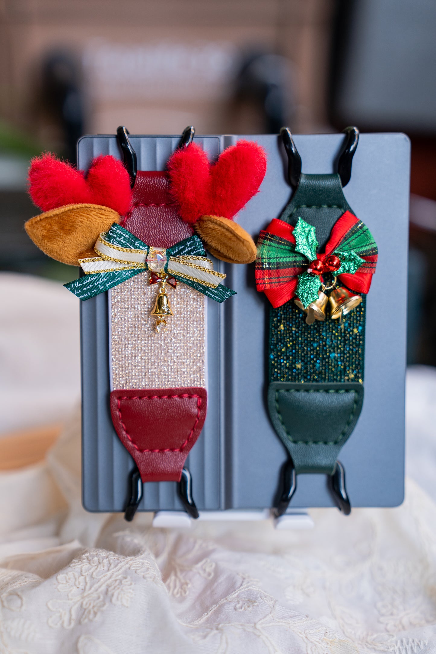 Secure Hand Strap for Kindle and Tablet - Double high-elasticity finger grip holder for 6-8 inch e-readers. Handmade custom strap with resilient nylon elastic, soft skin-friendly vegan leather, and non-slip silicone clips. Stitched by hand.